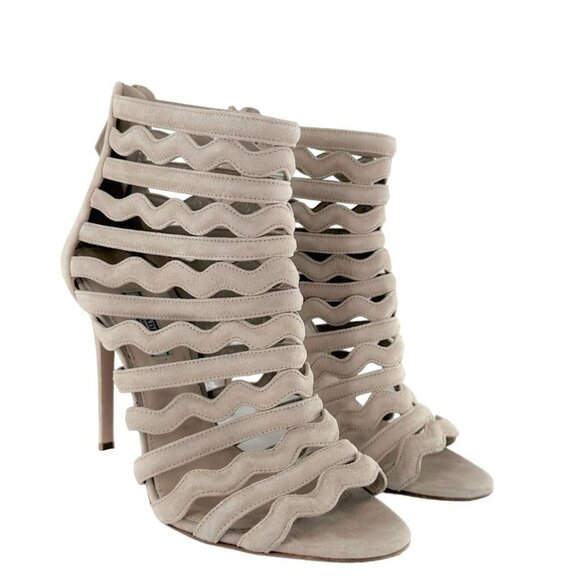 Prada Beige Suede Wavy Shootie Peep Toe Cage Heels Size 41 Neutral - Picture 2 of 9